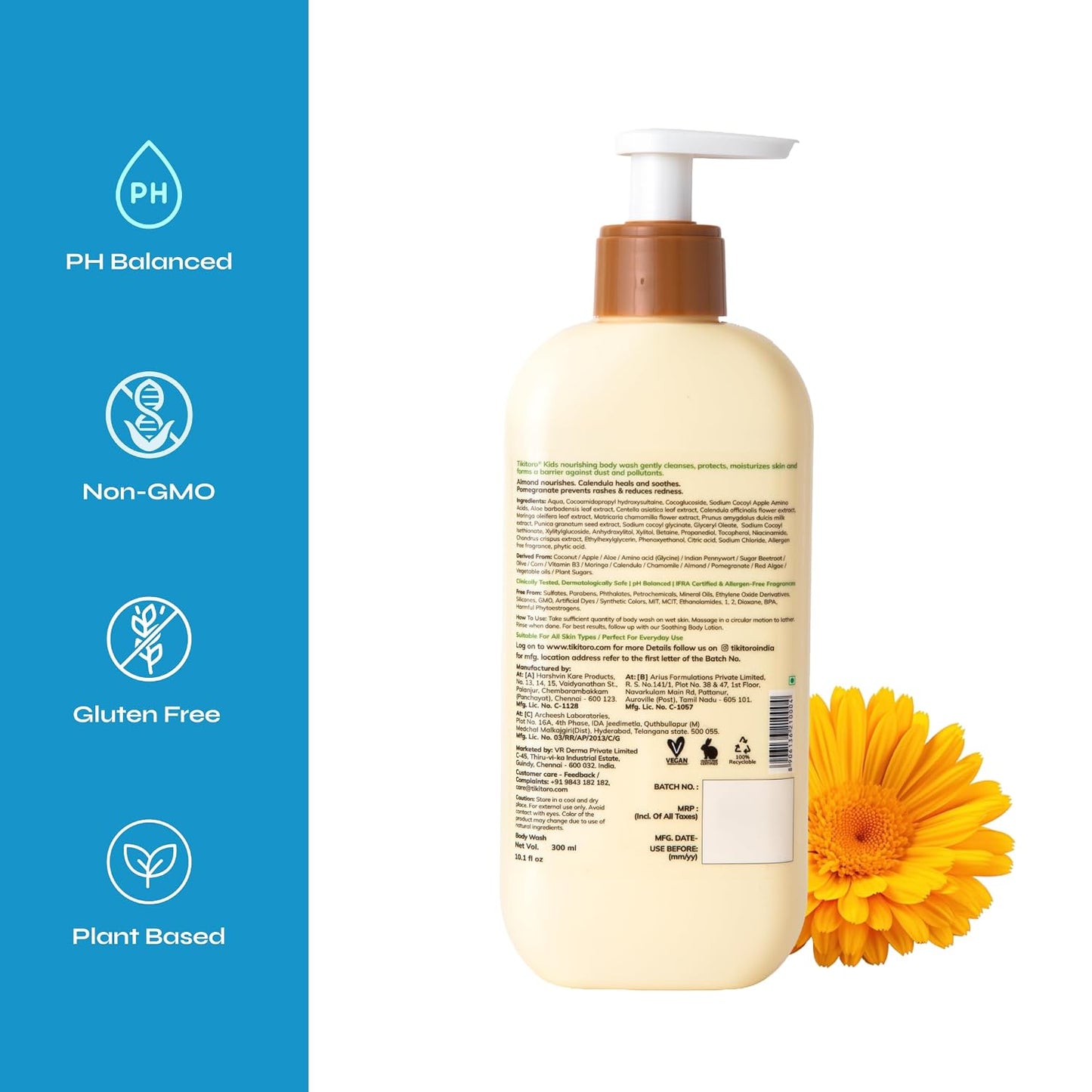Tikitoro Kids Nourishing Body Wash | Pediatrician Approved | Vegan | Cleanses, Moisturizes & Nourishes Skin | Almond, Calendula, Pomegranate Extract | No Parabens & Sulphates, Age 4+ years (300ml)