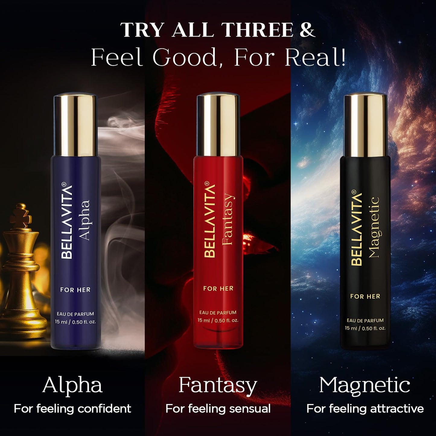 Three BellaVita perfume bottles with different scents on a cosmic background