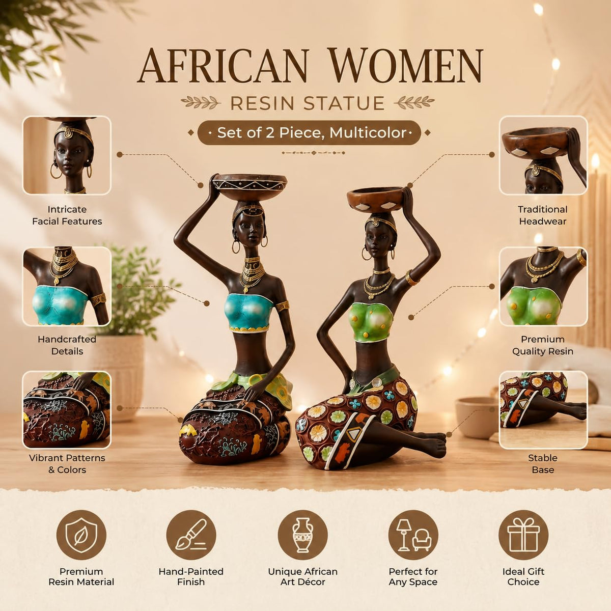 Resin African Women for Home Deco(Set of 2 Piece, Multicolor)