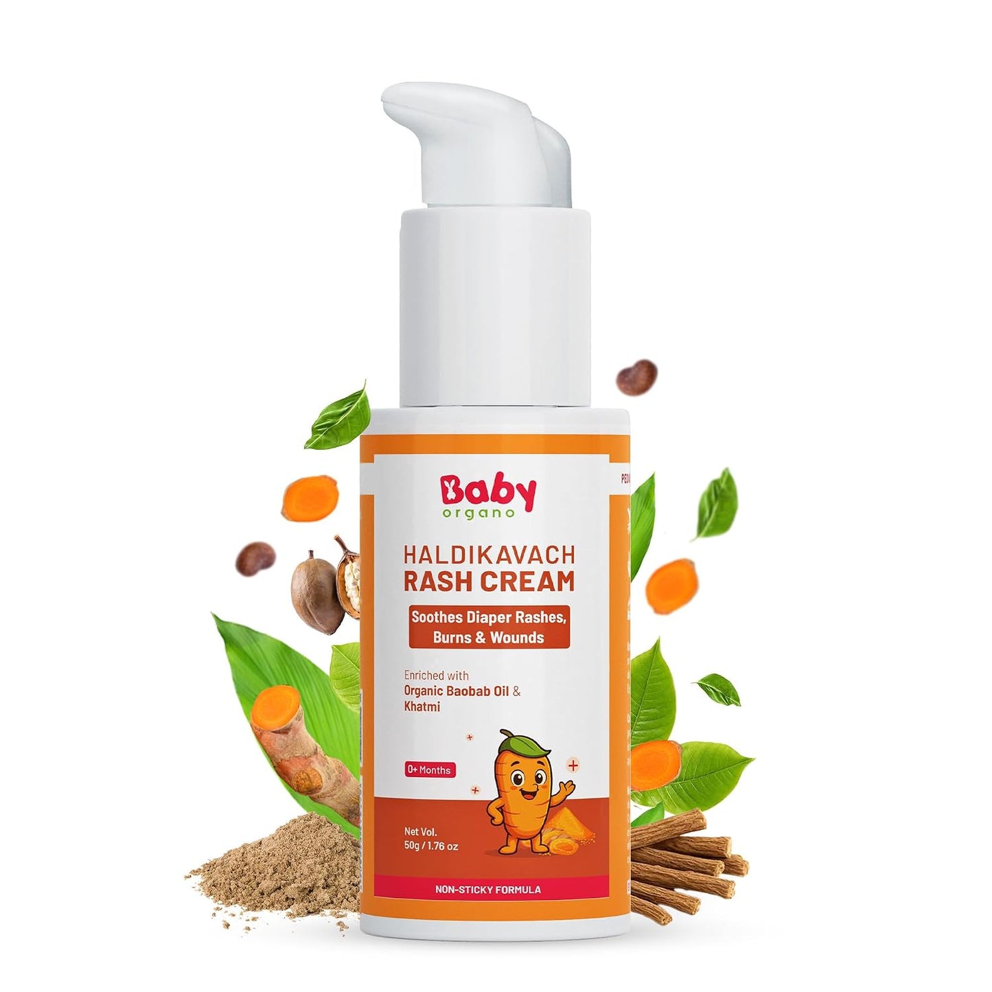 BabyOrgano Diaper Rash Cream for Babies 0+ Months | Fast Rash Relief | Baobab Oil, Khatmi, Yashad Bhasma & Turmeric | Ayurvedic Formula | Pediatrician & Dermatologically Tested | Non-Sticky | 50g