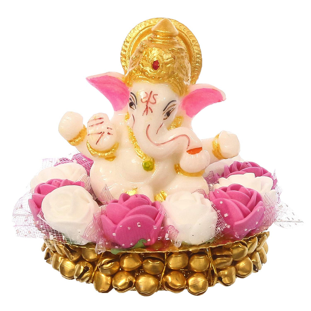 Lord Ganesha Idol on Decorative Handcrafted Plate with Pink and White Flowers