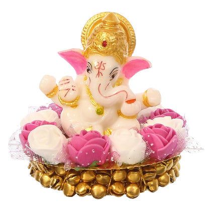 Lord Ganesha Idol on Decorative Handcrafted Plate with Pink and White Flowers