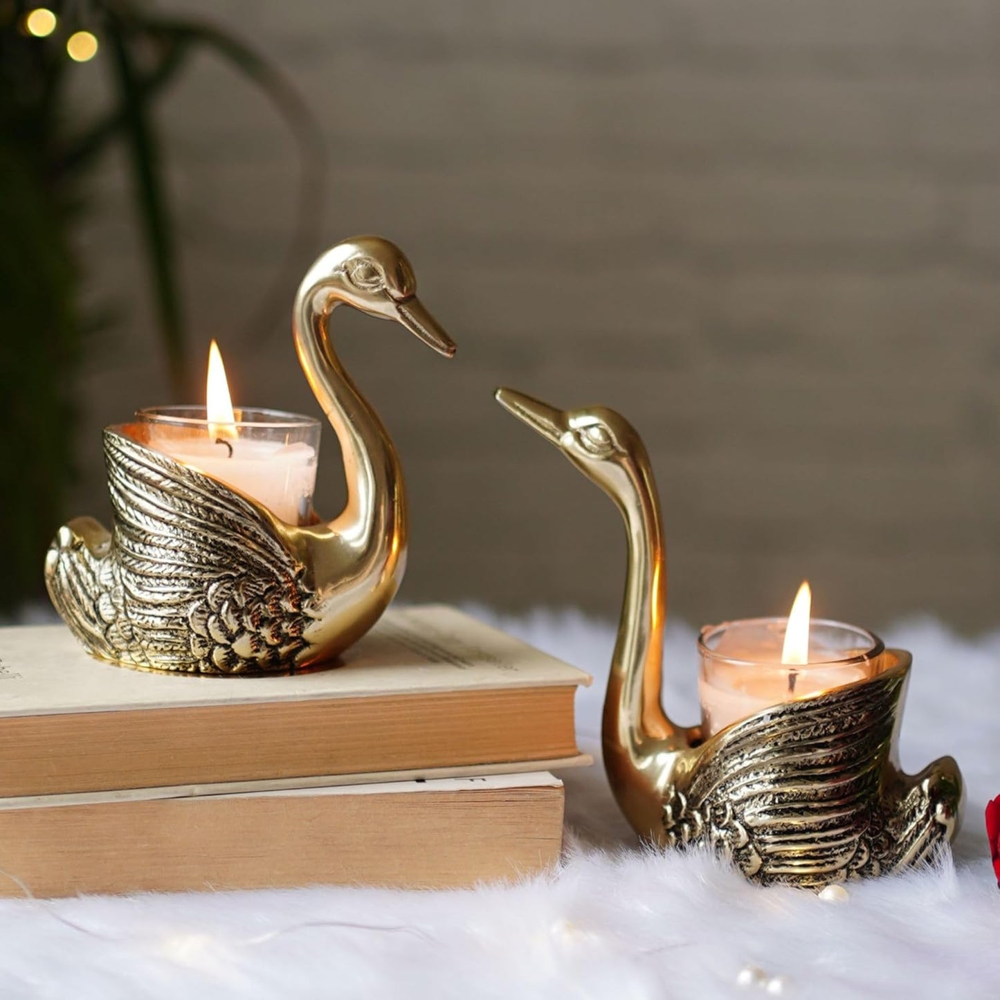 BEHOMA Pair of Swan Candle Holder with Giftbox for Home Decor, Gold