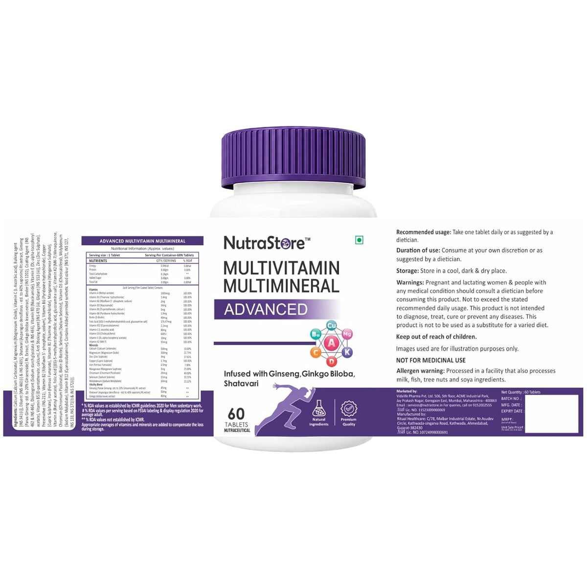 NutraStore Multivitamin Multimineral Advanced Tablets for Men & Women | With Ginseng, Ginkgo Biloba & Shatavari | Vitamins A, C, D3, K2, B12 for Energy, Immunity, Muscle Recovery & Wellness | 60 Veg Tablets