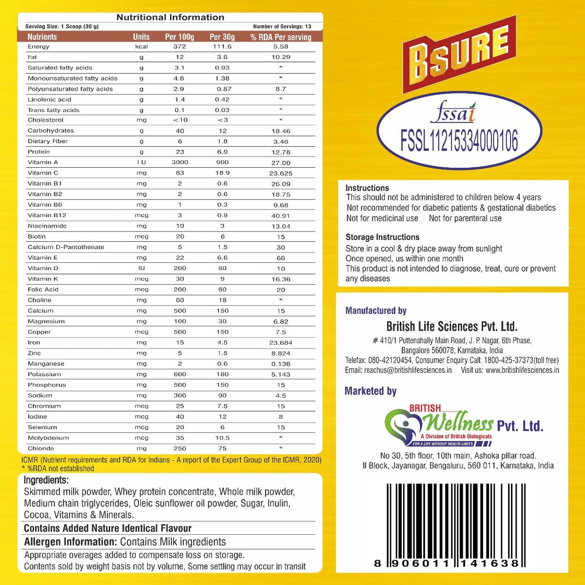 Nutritional information and product details on a yellow background