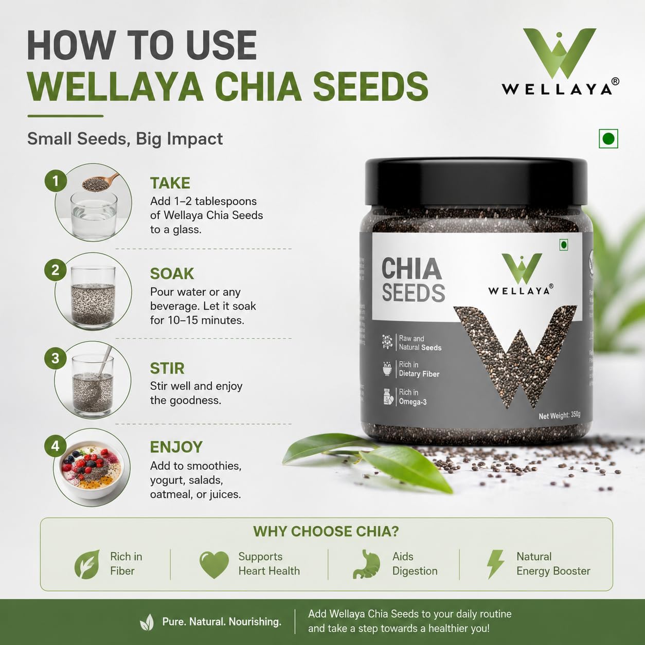 WELLAYA Chia Seeds - | Calcium and Protein Rich Healthy Raw Seeds | Clean Chia Seeds for Eating | Vegan Superfood for Wellness