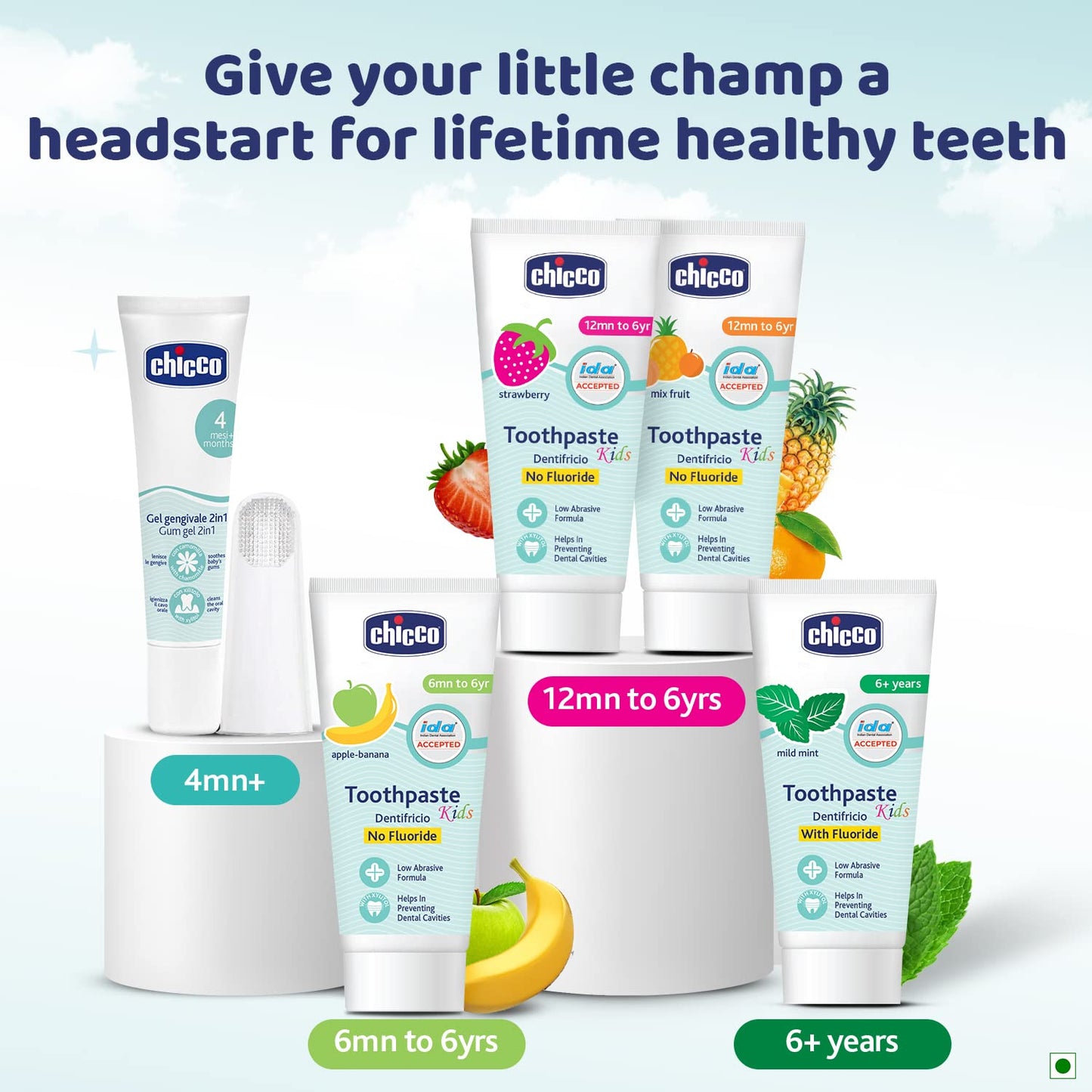 Chicco Toothpaste for Kids, Best for Baby (6m-6y), Apple-Banana Flavour, 50g | Fluoride-Free & Low Abrasive | Removes Plaque, Helps Prevent Cavities | IDA Accepted