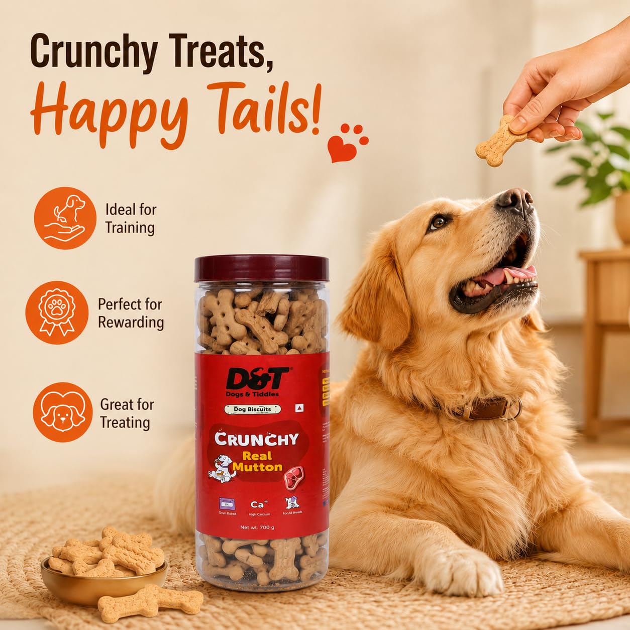 Dogs & Tiddles Real Mutton Dog Biscuits 700g | Oven Baked Crunchy Dog Treats | High Calcium Dog Snacks for All Life Stages & All Breeds