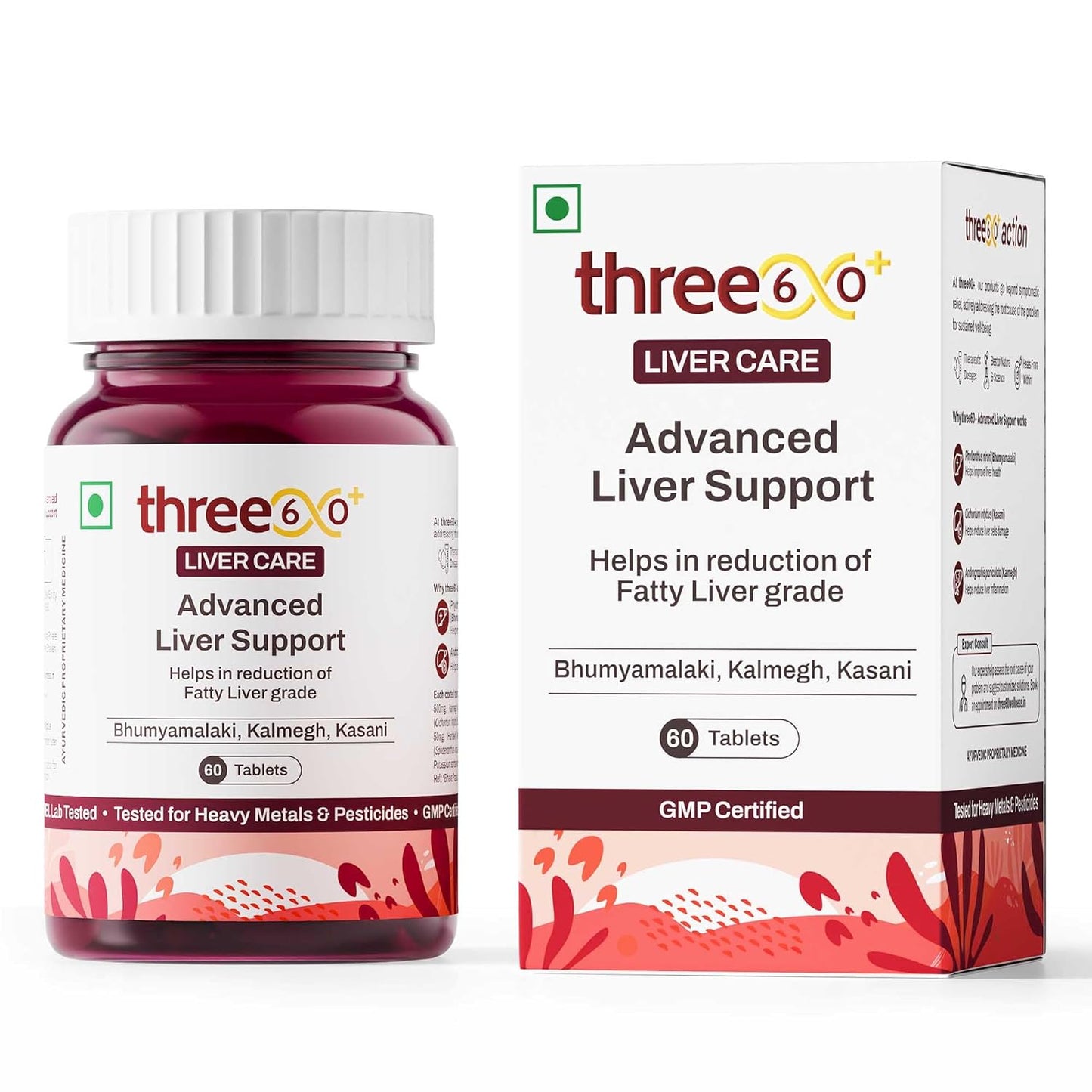 three60+ Advanced Liver Support Tablets | Daily Liver Detox & Fatty Liver Care | Clinically Proven Formula with Bhumiamalaki, Kalmegh & Kasani | Supports Liver Health & Alcohol Detox | 60 Tablet