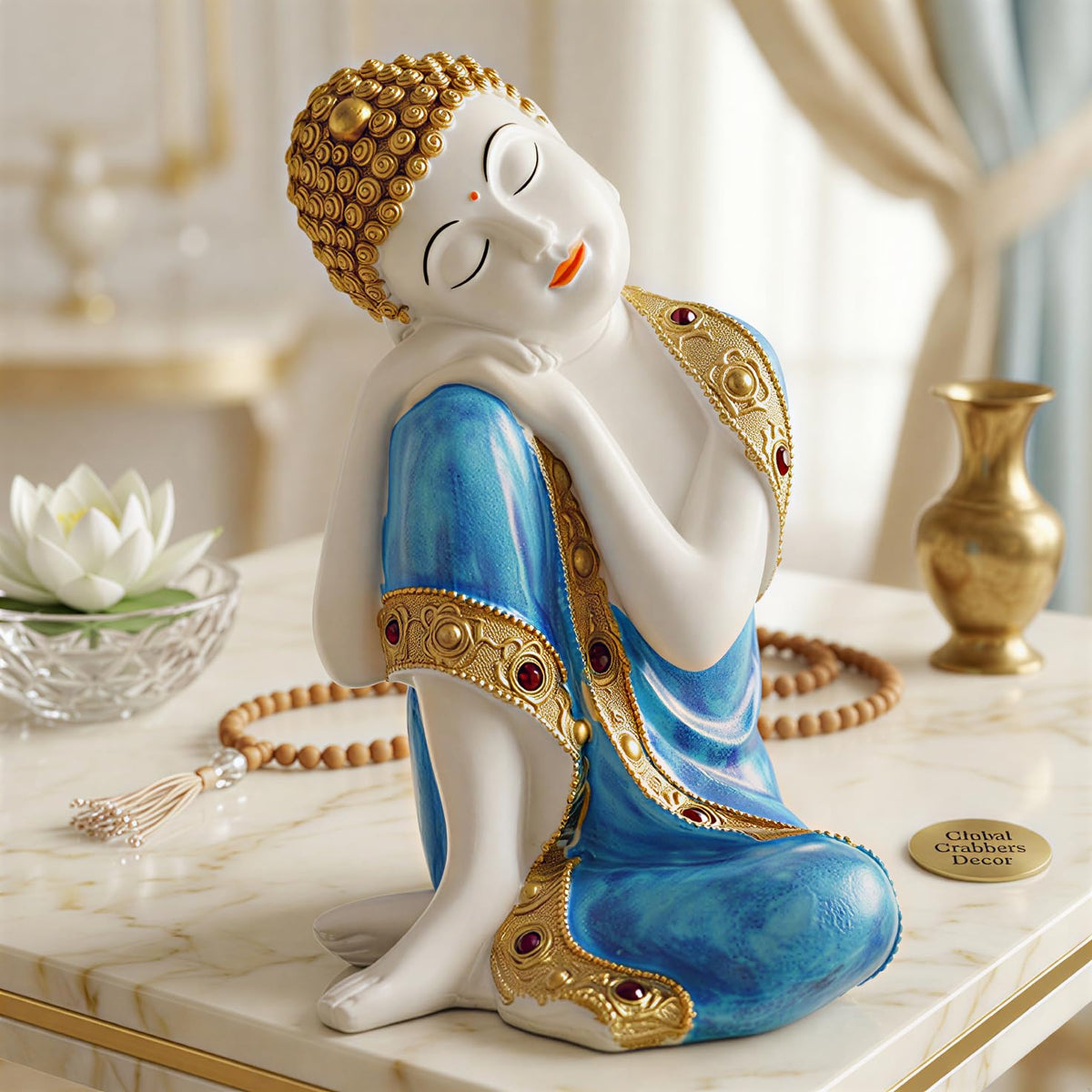 Buddha Idol Statue | Show Pieces for Home Decor Living Room (Blue White Glossy)