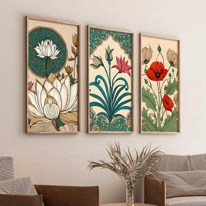 Indian Traditional Madhubani Art Home Decoration Wall Painting Art With Frame For Living Room Bed Room Hotel Wall Decor Digital Reprint Engineered Wood Set of 3 (1, 10x19 inch)