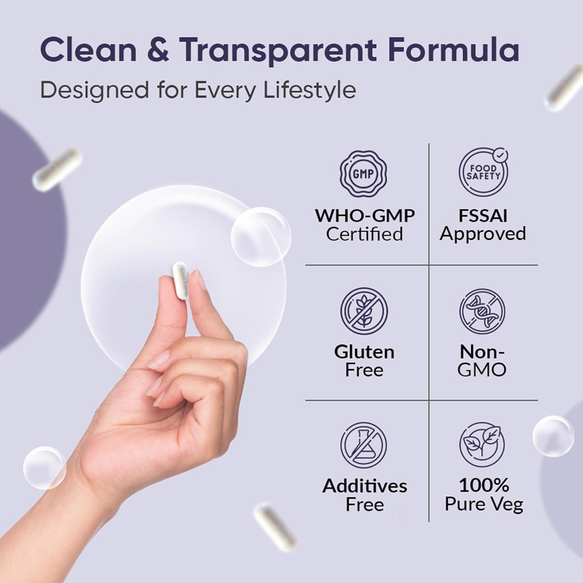 Product packaging with certification logos and a hand holding a white container on a light purple background.