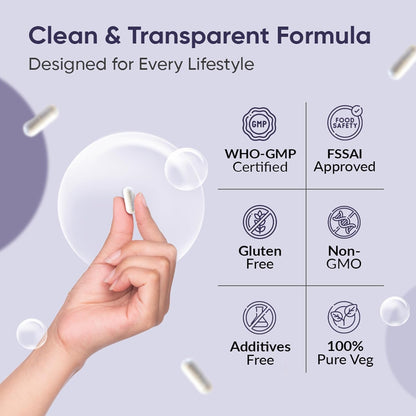 Product packaging with certification logos and a hand holding a white container on a light purple background.