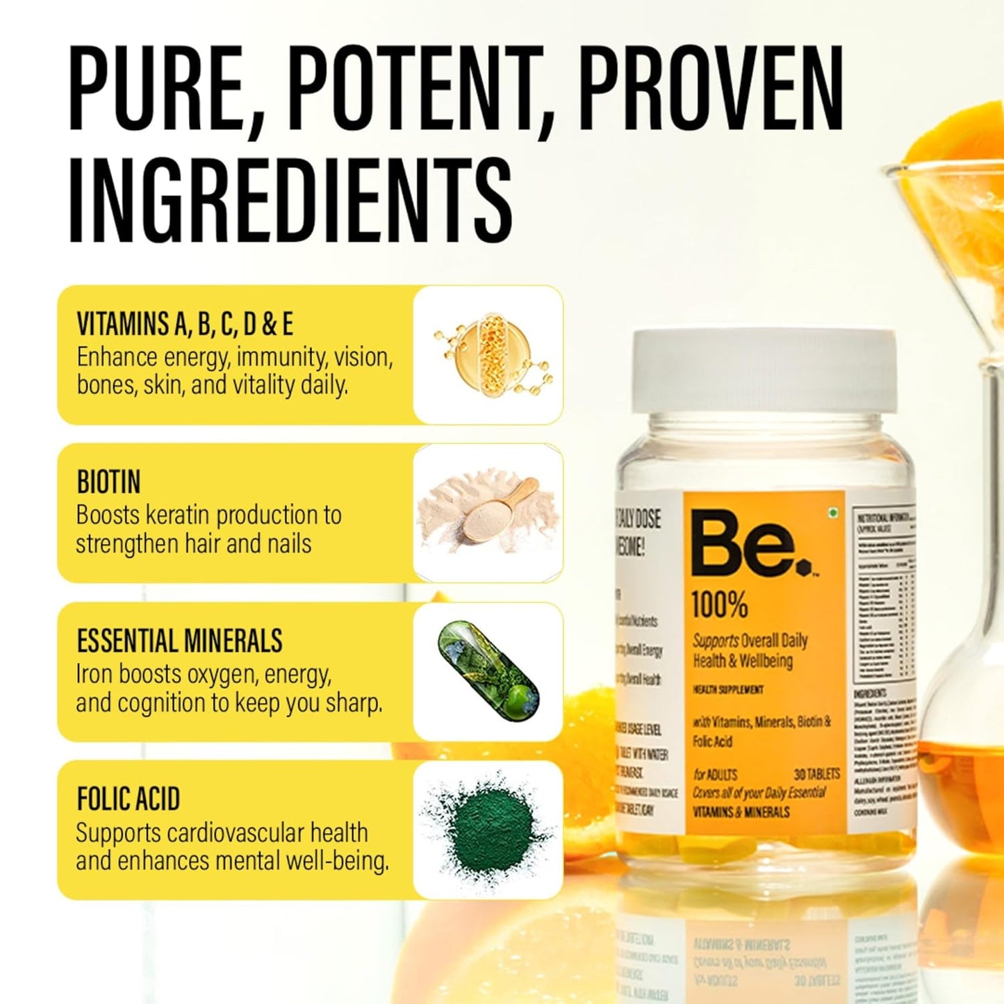 Be. 100% Daily Multivitamin Tablet for Men & Women | With Magnesium, Zinc, Biotin & Vitamin E | Everyday Multivitamin Tablets for Women & Men | Supports Energy, Immunity, Hair & Skin Care 30 Tablets