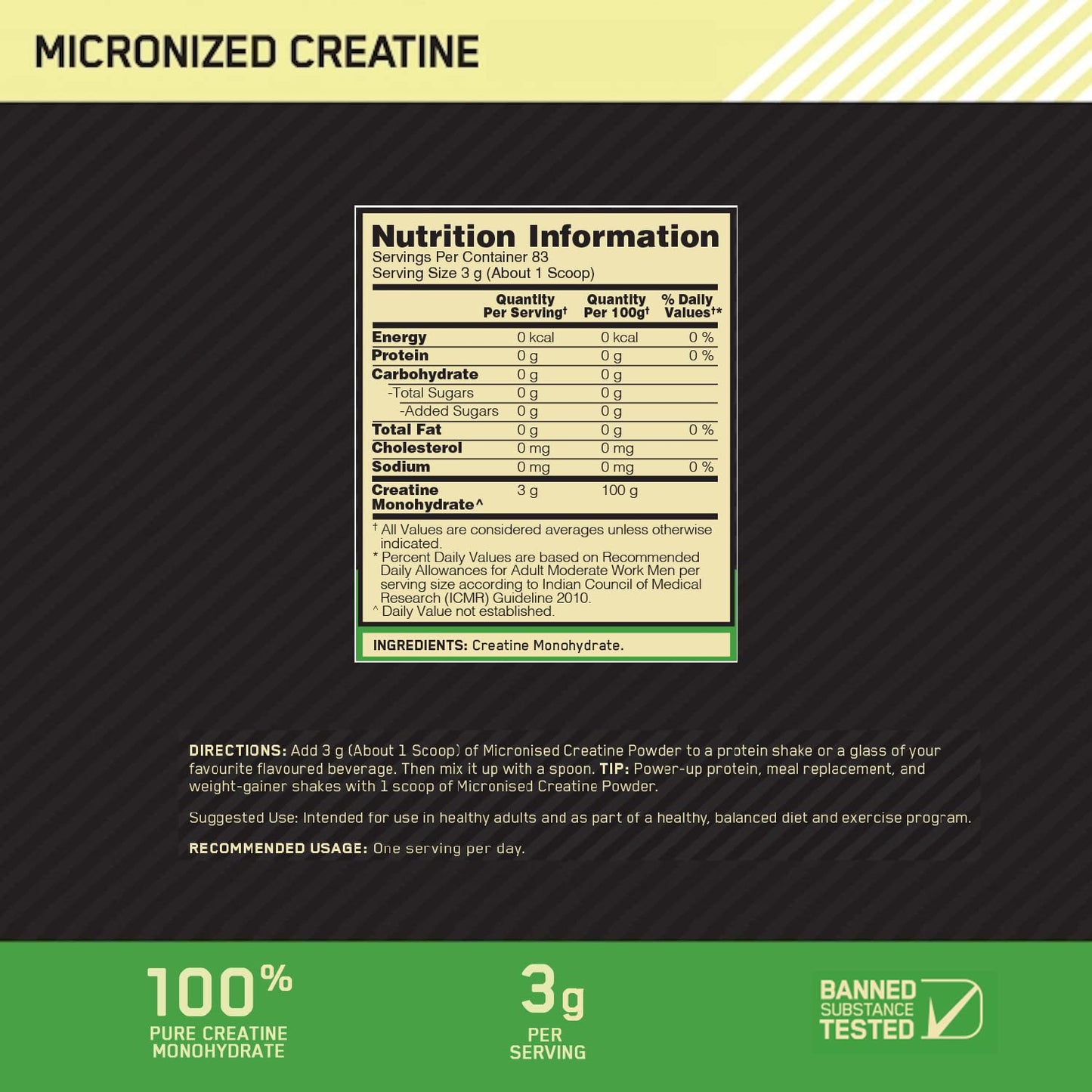 Optimum Nutrition (ON) Micronized Creatine Powder - 250 Gram, 83 Serves, 3g of 100% Creatine Monohydrate per serve, Supports Athletic Performance & Power, Unflavored.