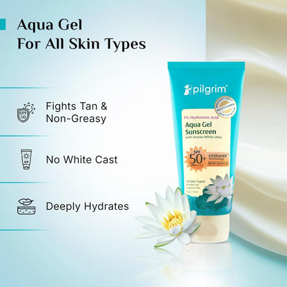 Pilgrim 1% Hyaluronic Acid Sunscreen Gel | Sunscreen SPF 50 +++ for men and women with Korean White Lotus | Broad spectrum, Non-greasy, No white cast & Prevents Tanning | All skin types | 50 gm