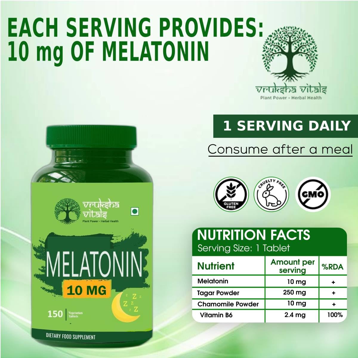 Melatonin supplement bottle with nutritional information on a green background