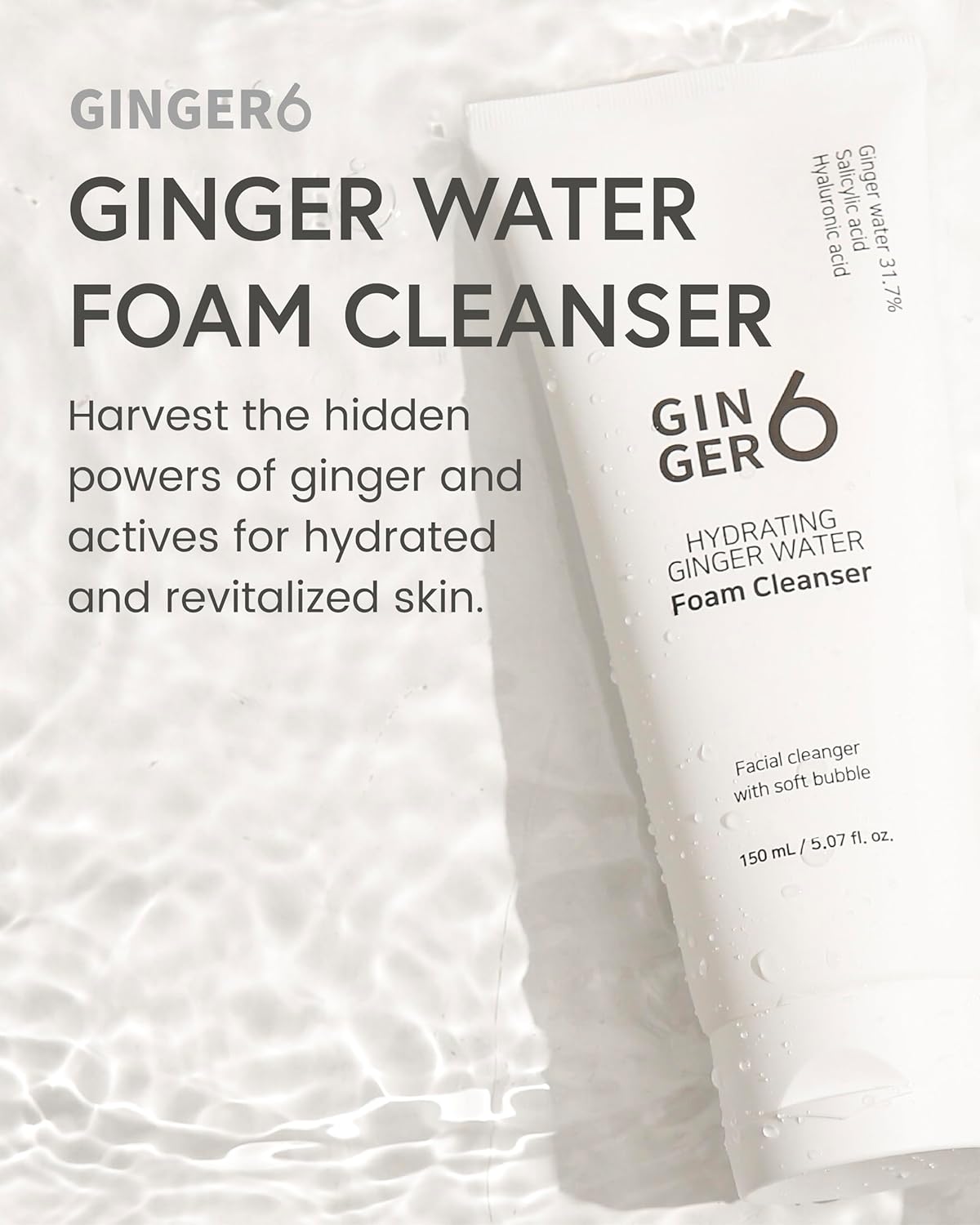 Ginger water foam cleanser with text highlighting its benefits on a white background