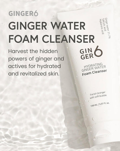 Ginger water foam cleanser with text highlighting its benefits on a white background