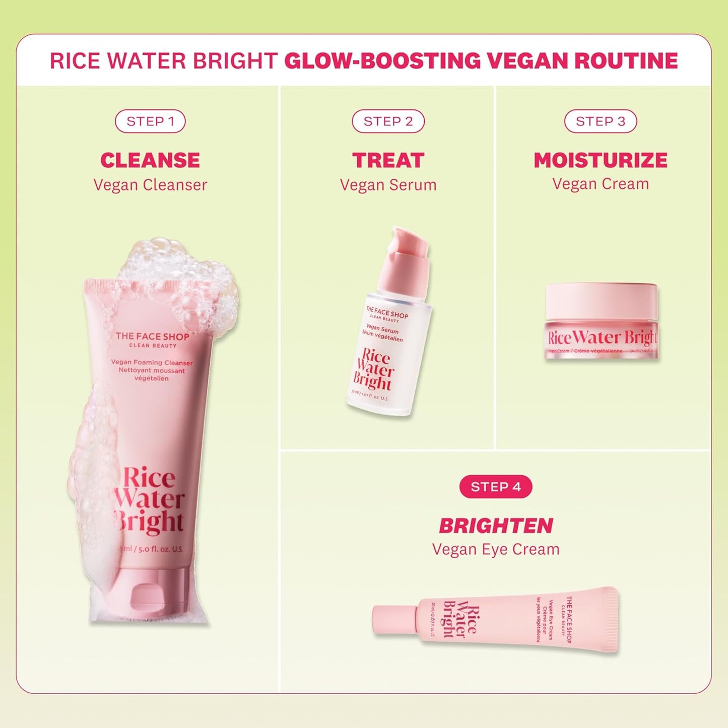 Rice Water Bright skincare routine with products and steps on a light green background