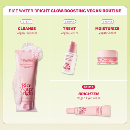 Rice Water Bright skincare routine with products and steps on a light green background