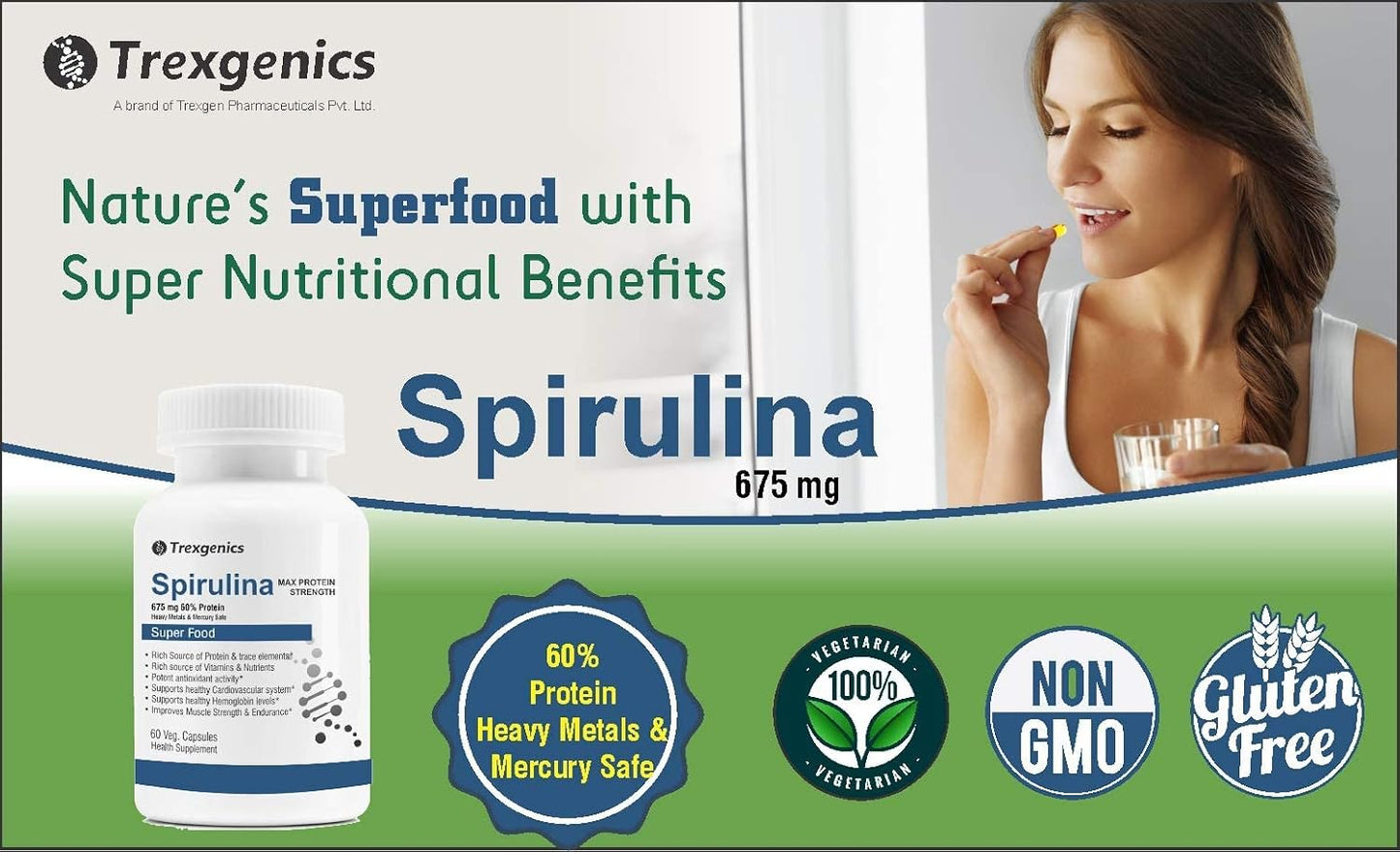 Spirulina supplement packaging with a woman taking a pill, Trexegenics branding, and product features.
