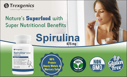 Spirulina supplement packaging with a woman taking a pill, Trexegenics branding, and product features.