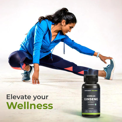 Woman stretching with a bottle of Korean Ginseng Extract on a light background
