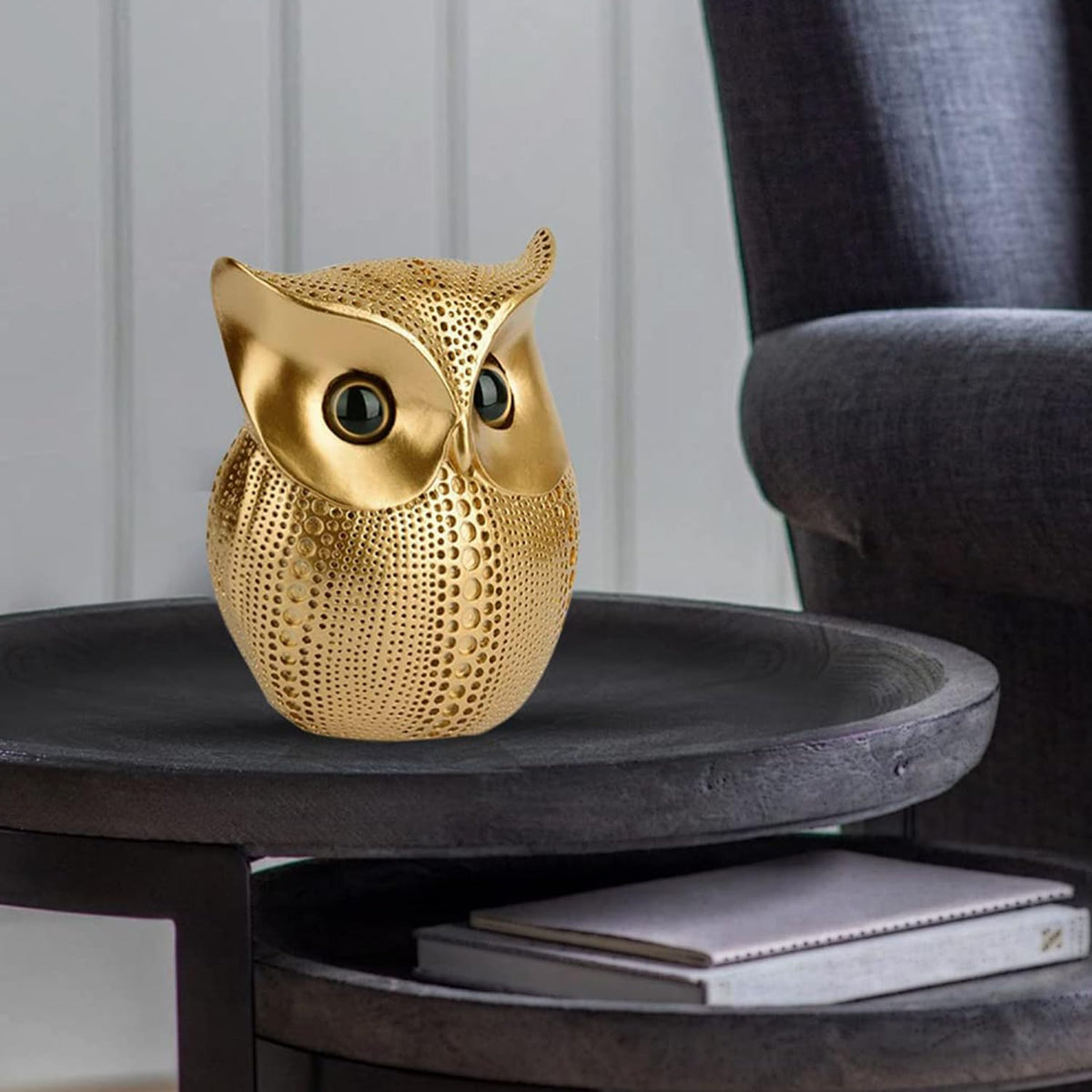 Modern Classy Happy Owl Resin Art Figure Showpiece (Golden, 13 cm, 6.5 cm)