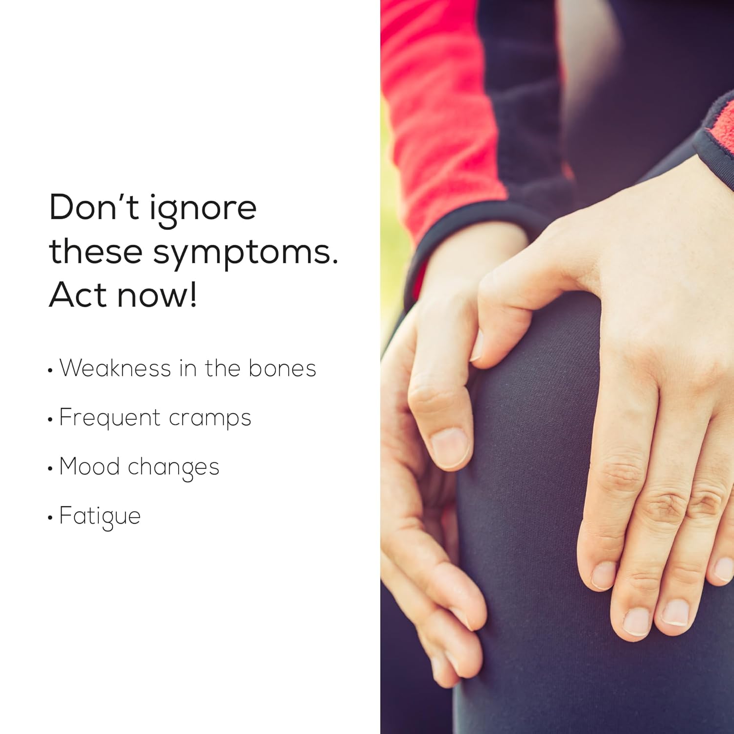 Person holding knee with text about health symptoms on a white background