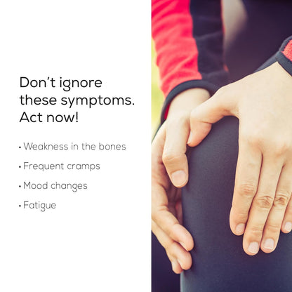 Person holding knee with text about health symptoms on a white background