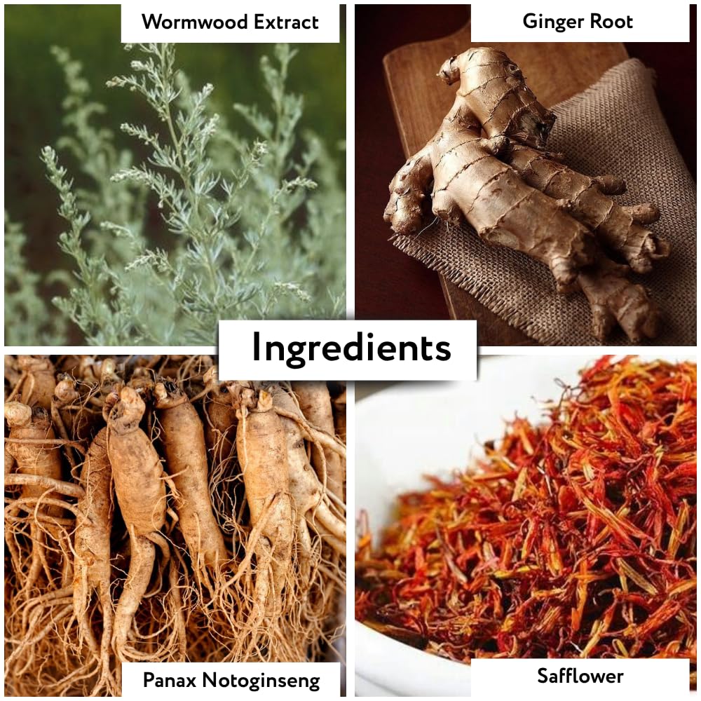 Collage of herbal ingredients including wormwood extract, ginger root, Panax Notoginseng, and safflower.
