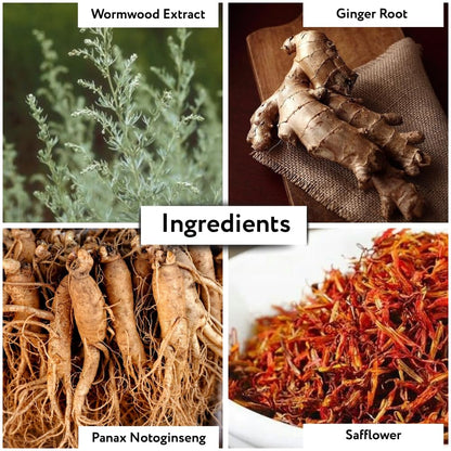 Collage of herbal ingredients including wormwood extract, ginger root, Panax Notoginseng, and safflower.
