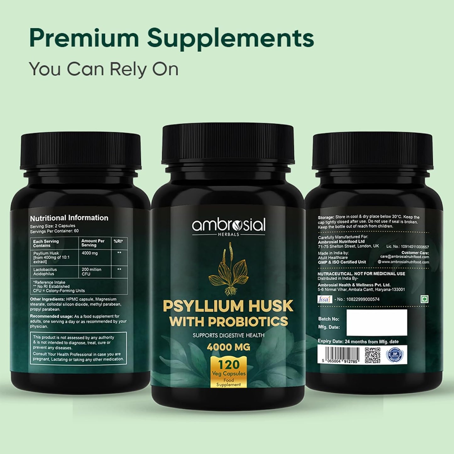 Three bottles of Psyllium Husk with Probiotics supplement on a light green background