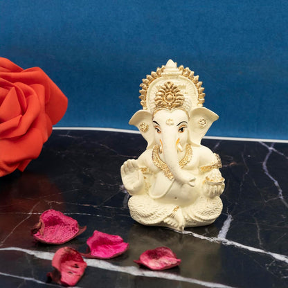 Lord Ganesha Idol for Car Dashboard, Home Temple & Office Decor | Gold Plated Resin Ganpati Murti for Puja, Mandir, Vastu, Diwali, Housewarming Gift | 3.5 Inch | Pack of 1 (Off White)