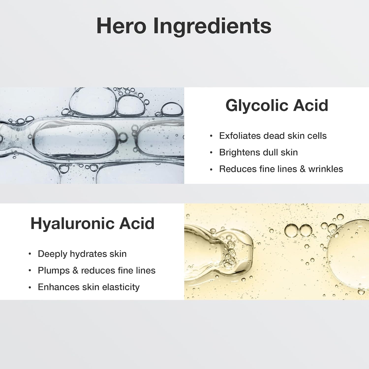 Product packaging with glycolic acid and hyaluronic acid listed as hero ingredients.