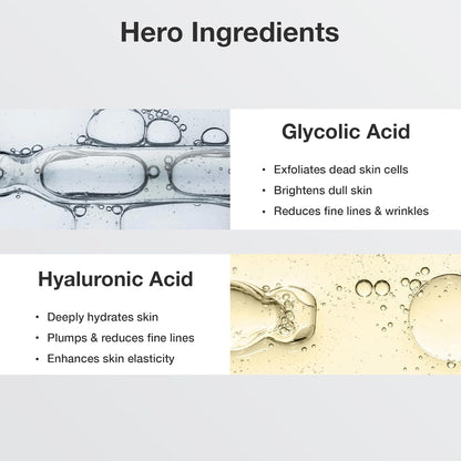 Product packaging with glycolic acid and hyaluronic acid listed as hero ingredients.