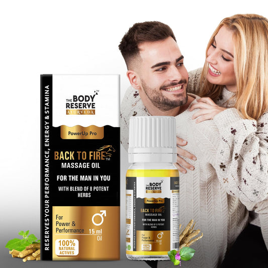 Product packaging of 'Back to Fire' massage oil with a man and woman embracing in the background.
