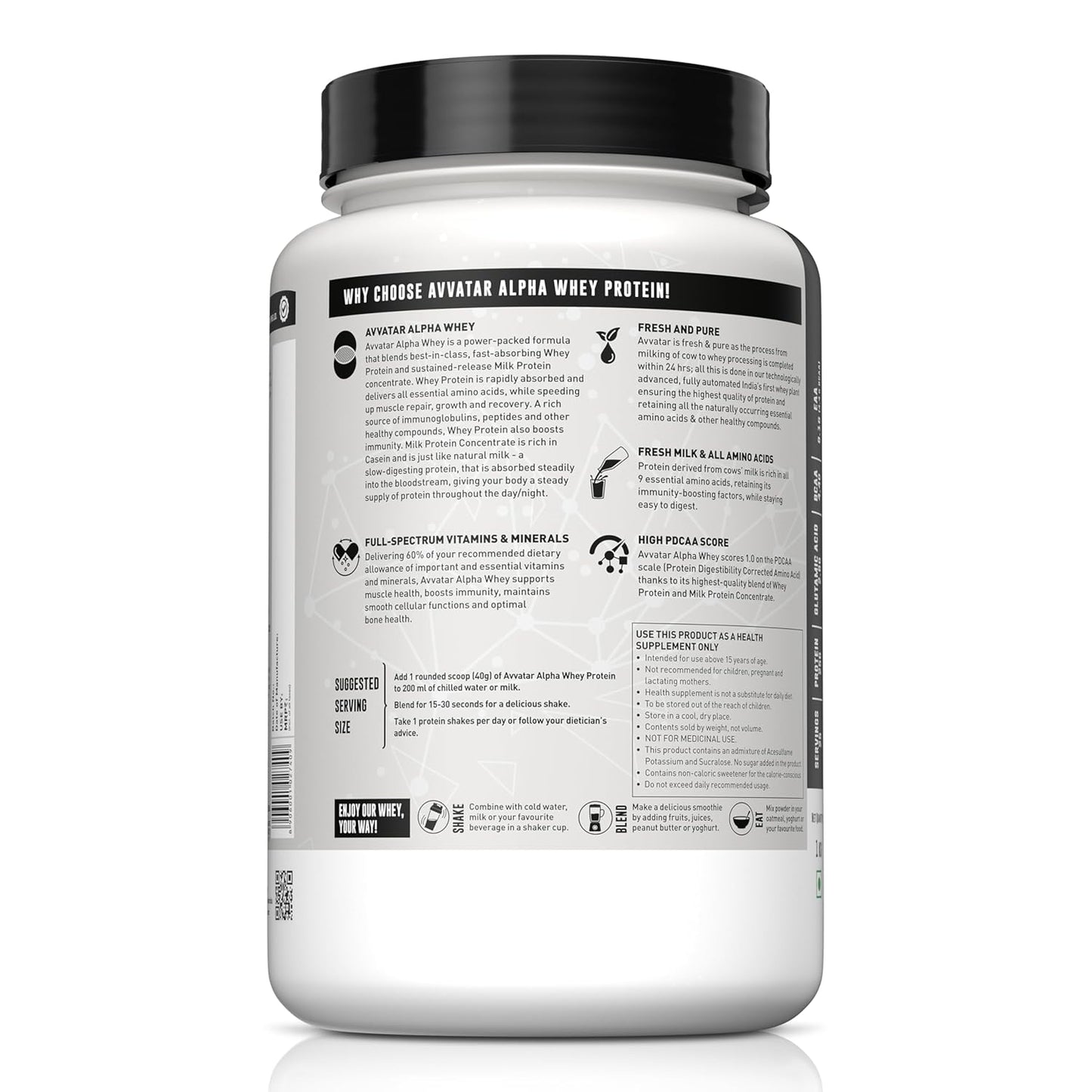 White protein powder container with black lid on a white background