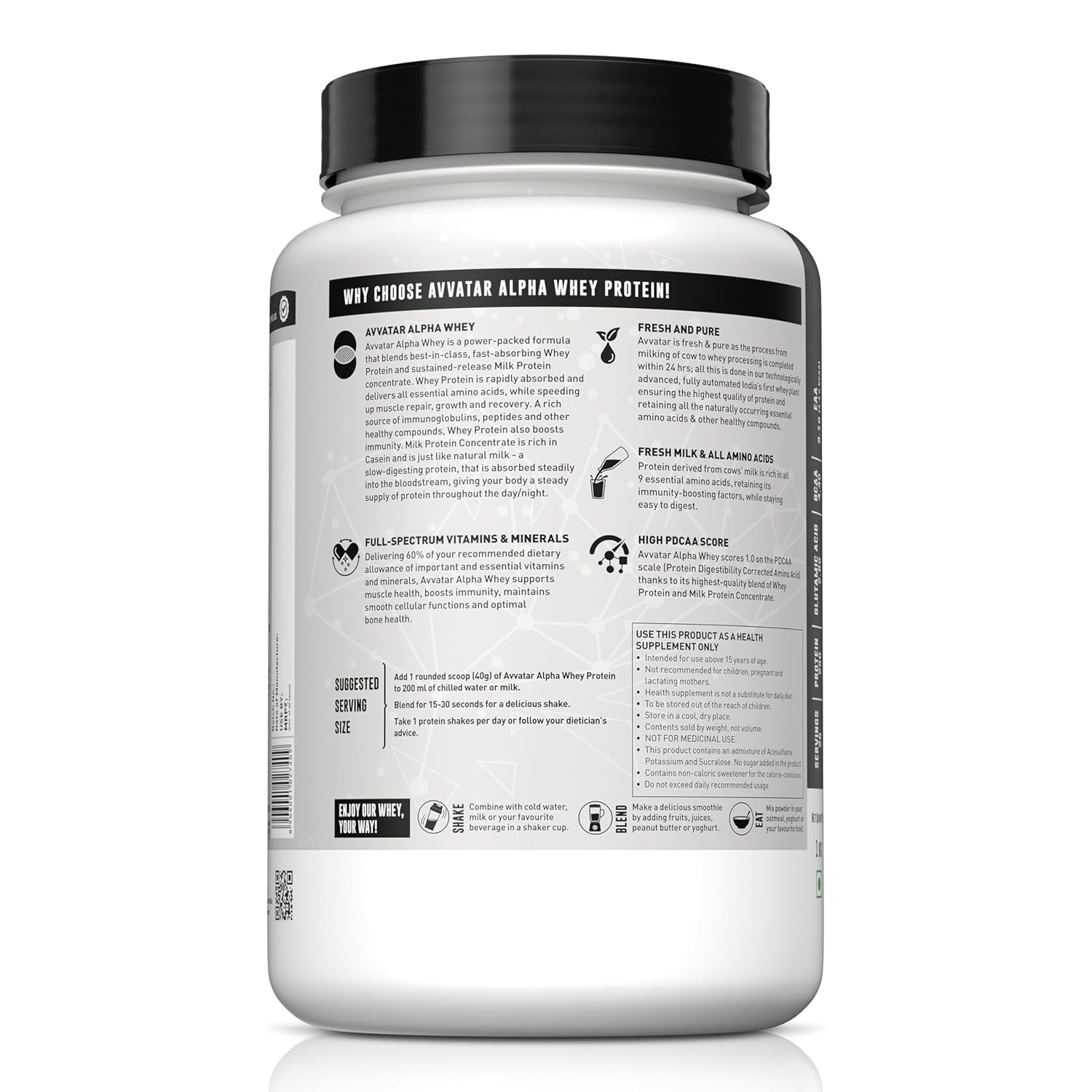 White protein powder container with black lid on a white background