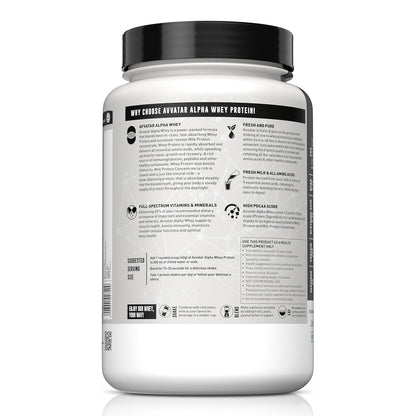 White protein powder container with black lid on a white background