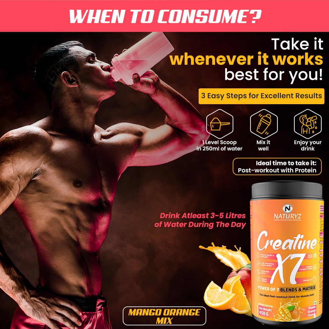 Advertisement for Creatine X7 supplement with a muscular man drinking a shake.