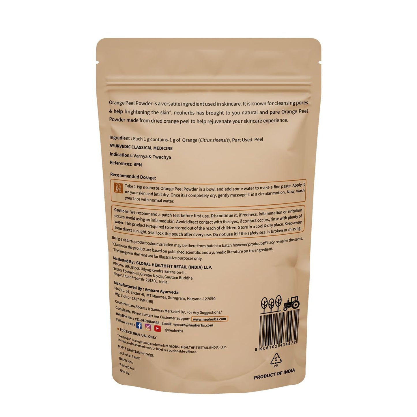 Neuherbs Orange Peel Powder 100g For Men & Women | Natural Exfoliator To Improve Skin Tone | Cruelty & Paraben Free | With No Artificial Colour & Additives