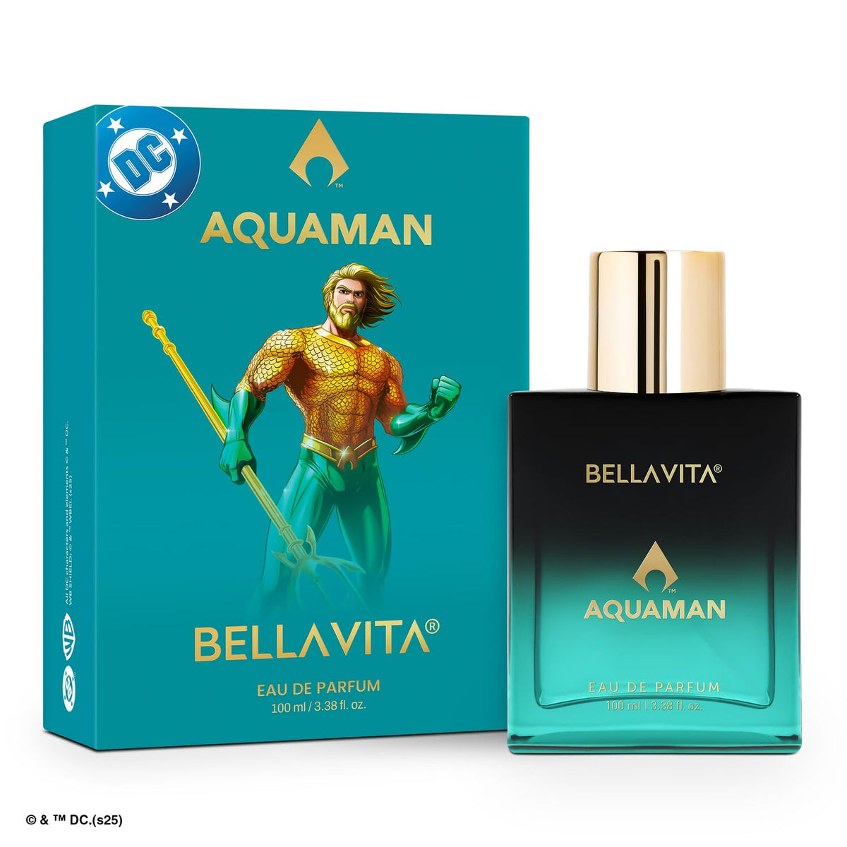 Bellavita Aquaman Eau de Parfum packaging with character illustration on a blue background