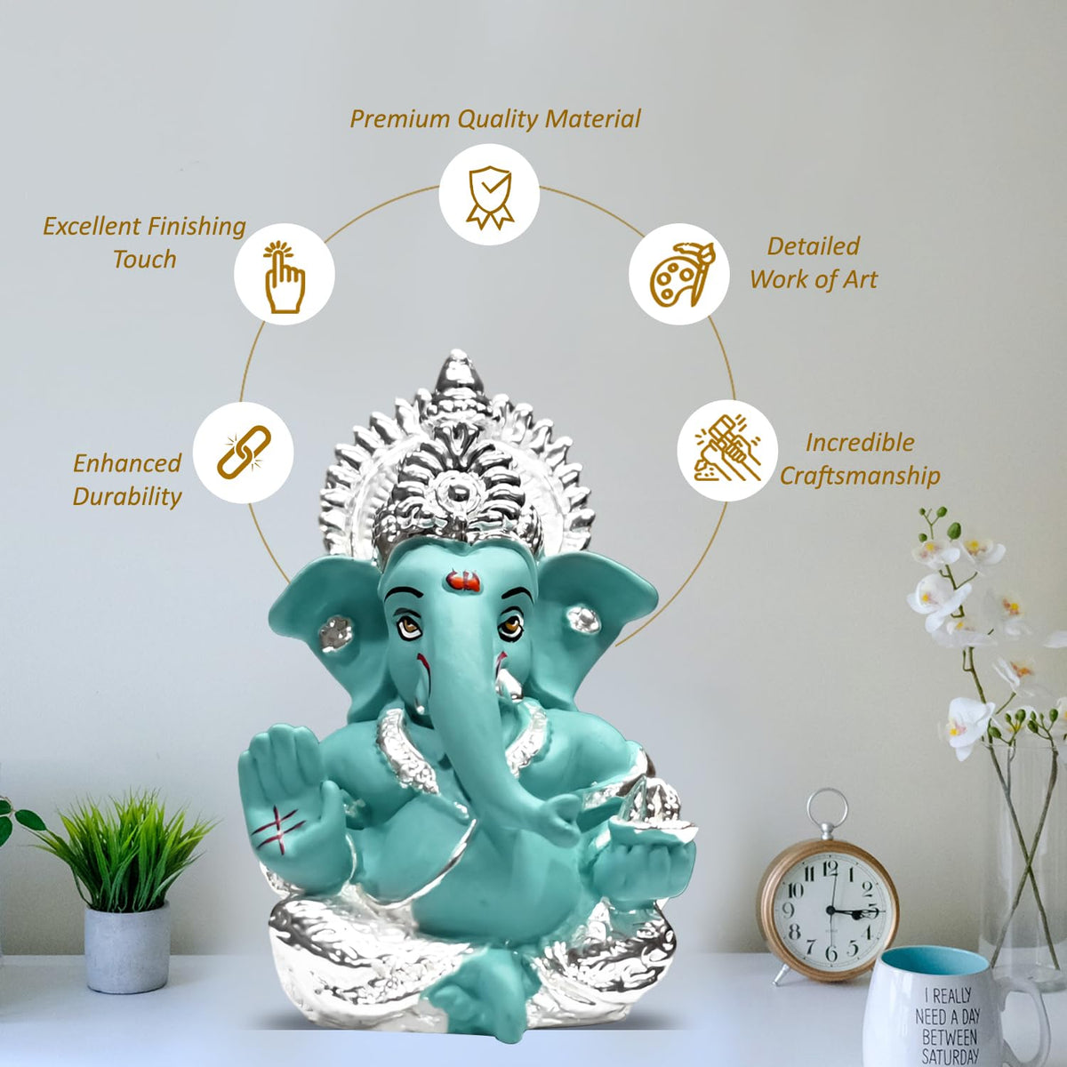 999 Silver Plated Ganesha Idol for Home Decor Puja |Ganesh Idol for Home Decor Ganpati for Gift 3.5 inches |Ganesh Statue Gift for Office Desk Puja Room Figurine (8.89 x 5.08 cm) (Blue)