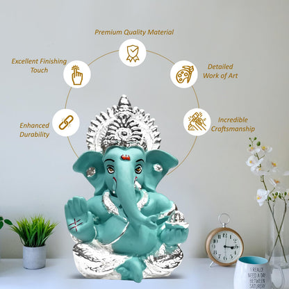 999 Silver Plated Ganesha Idol for Home Decor Puja |Ganesh Idol for Home Decor Ganpati for Gift 3.5 inches |Ganesh Statue Gift for Office Desk Puja Room Figurine (8.89 x 5.08 cm) (Blue)