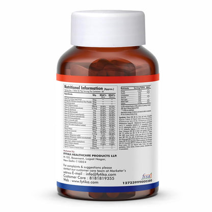 Bottle of supplements with nutritional information label on a white background