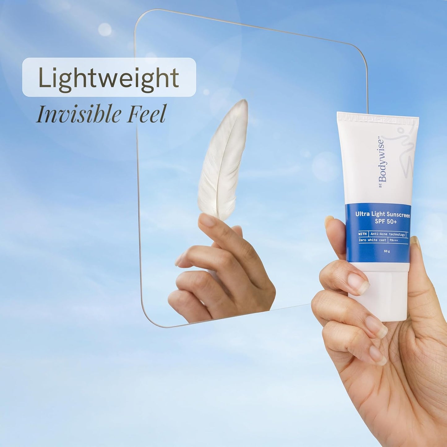 Be Bodywise Ultra Light Sunscreen SPF 50 PA+++ for Oily, Dry, Acne-prone Skin | Broad Spectrum Protection & Blue Light Protection | No White Cast | Non-Greasy | Korean Anti-Acne Technology | Water & Sweat Resistant | Ultra Lightweight Texture | 50g