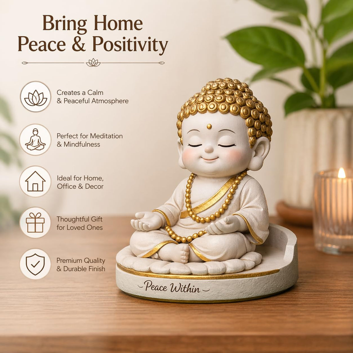 Baby Buddha Statue for Home Decor, 5 Inch White and Gold | Meditation Buddha Idol | Cute Monk Showpiece for Living Room, Office Desk, Table Decor & Gift Item