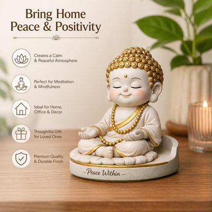Baby Buddha Statue for Home Decor, 5 Inch White and Gold | Meditation Buddha Idol | Cute Monk Showpiece for Living Room, Office Desk, Table Decor & Gift Item